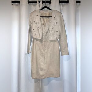 Vintage White leather dress with jacket and embellishments